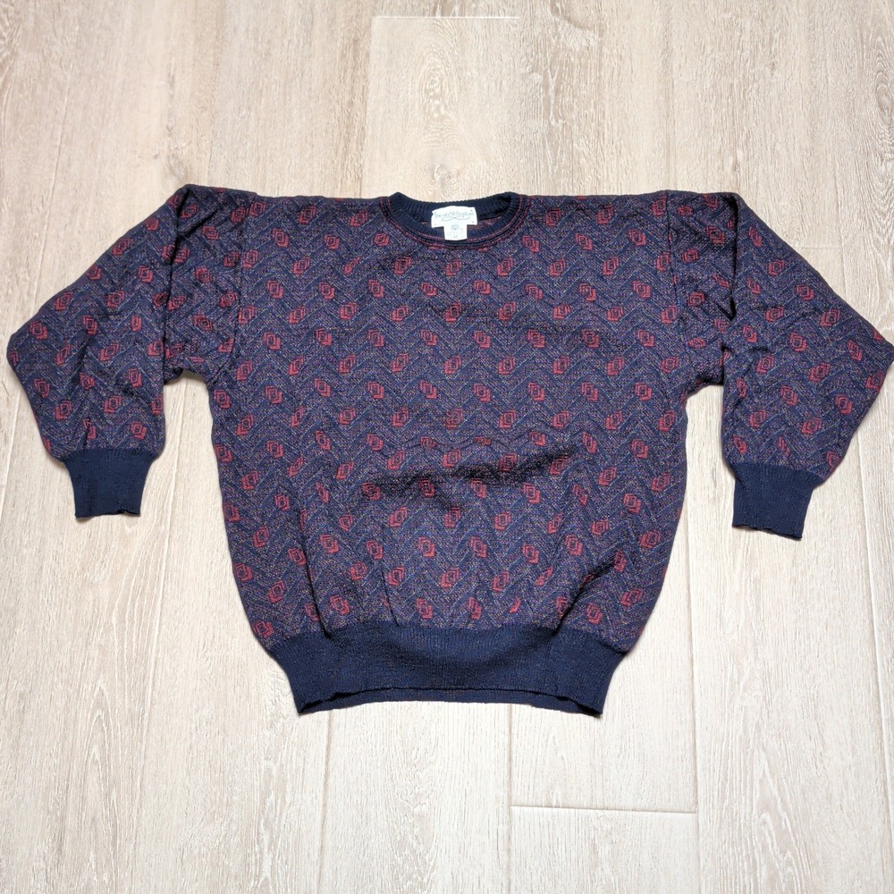 Vintage 80s Tricots St‎ Raphael Sweater Mens M Navy Blue Wool Geometric Crewneck